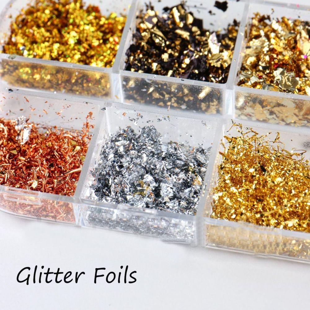 Holographic Nail Glitters Sequins 12 Grids Nail Art Flakes Nail Glitter Gold Foils DIY Manicure