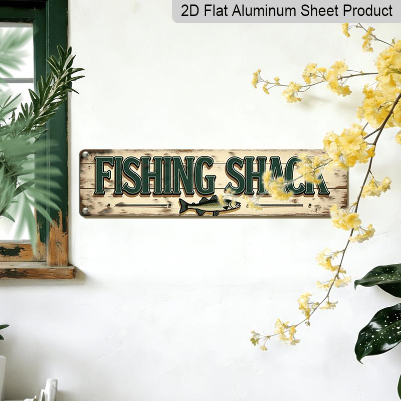15.7×3.94inch Rustic Fishing Shack Metal Sign, Aluminum Decorative Sign, Rustic Wall Decor with Distressed Lettering & Orange Stripes, No Electricity