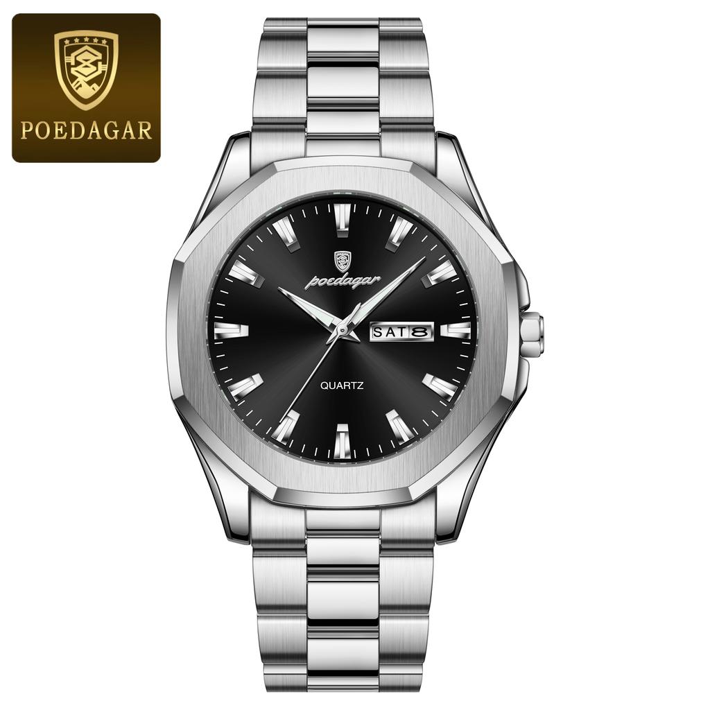 POEDAGAR Luxury Men Wristwatch Waterproof Luminous Week Date Original Man Watch Stainless Steel Sport Quartz Men's Watches