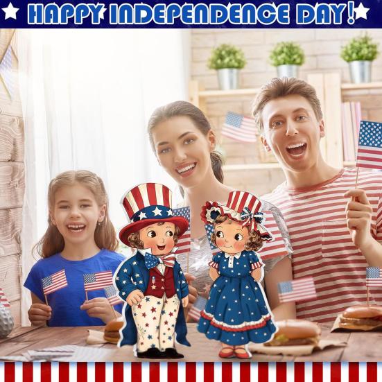 2 Pcs 4th of July Standing Block Sign Patriotic Tiered Tray Decoration Veterans Day Farmhouse Table Centerpiece for Memorial Day