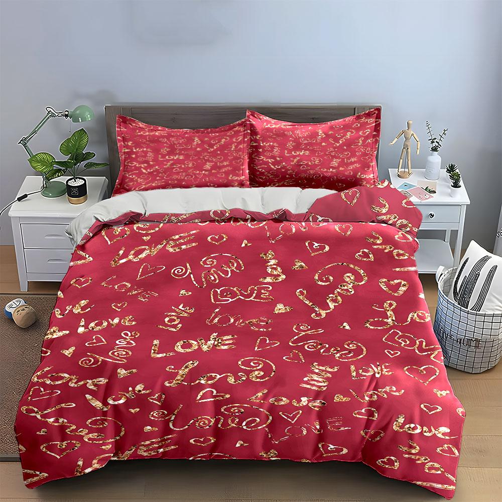 Red Bedding Set with Love Design Bedding Duvet Cover Set Duvet Cover Pillowcases (1 * Duvet Cover 2 * Pillowcases, without duvet insert)
