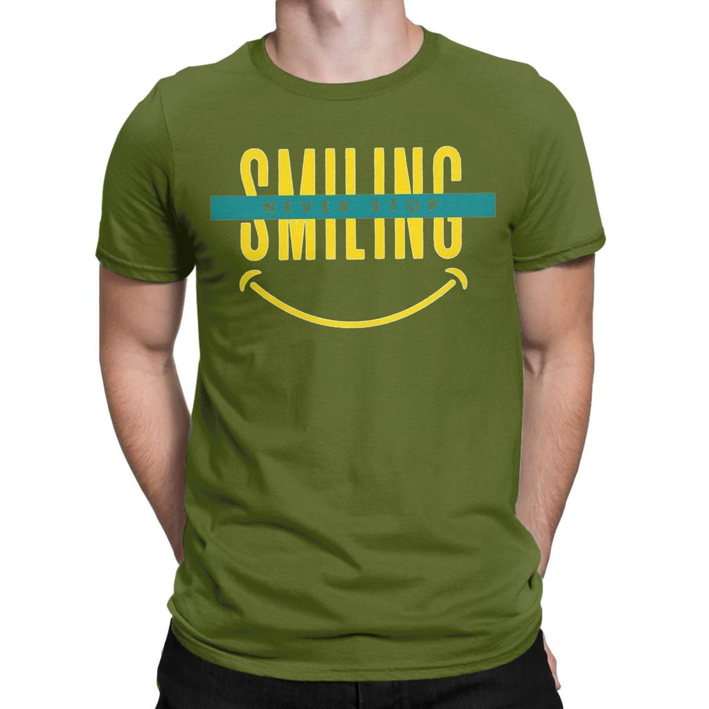 Мужские забавные футболки Never Stop Smiling из 100% хлопка, топы для отдыха с коротким рукавом и круглым воротником, футболки, идея для подарка