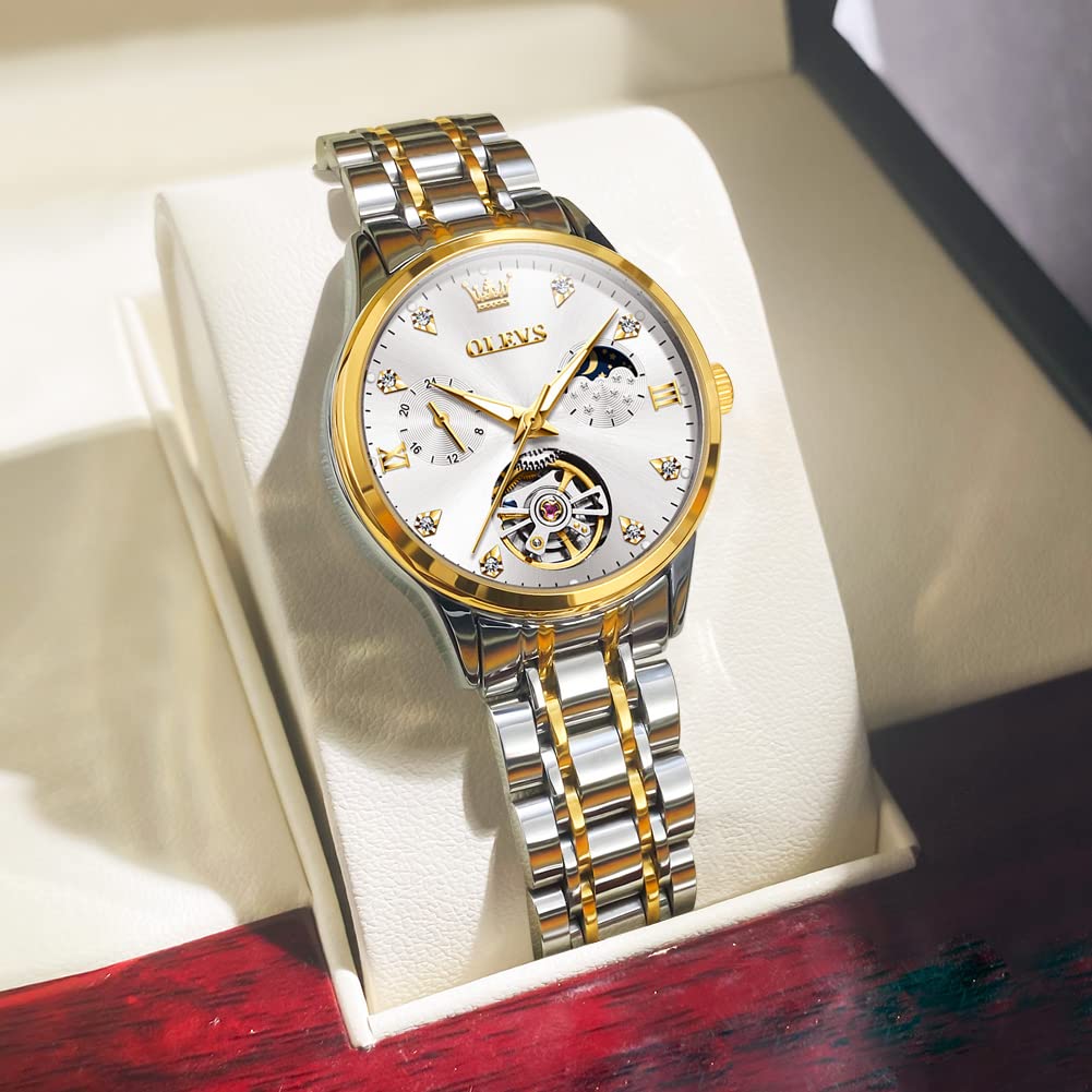OLEVS Ladies Watch Mechanical Automatic Cute Arm Watch Ladies Watch Waterproof Luminous Diamond Sparkling Ladies Watch Date Ladies Watch White