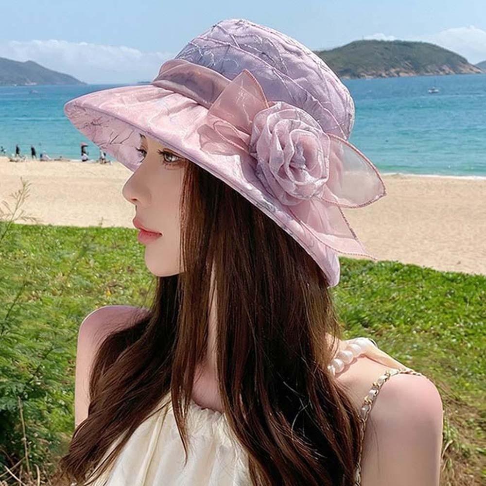 Breathable Thin Bow Sunshade Cap Portable Sunscreen Basin Hat Floral Fisherman Hat Travel