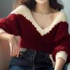 Осенний новый свободный повседневный вязаный свитер с V-образным вырезом для женщин, зимняя одежда, элегантный винтажный пуловер, трикотажные изделия, топы, женские однотонные мягкие теплые джемперы 25203
