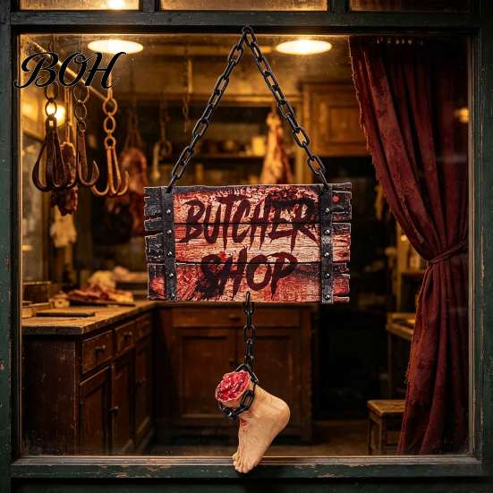 Dark Slaughter Theme Props Halloween Butcher Shop Sign, Horror Broken Leg Decoration Hanging Creepy Doorway Sign Wall Pendant for Haunted House Party