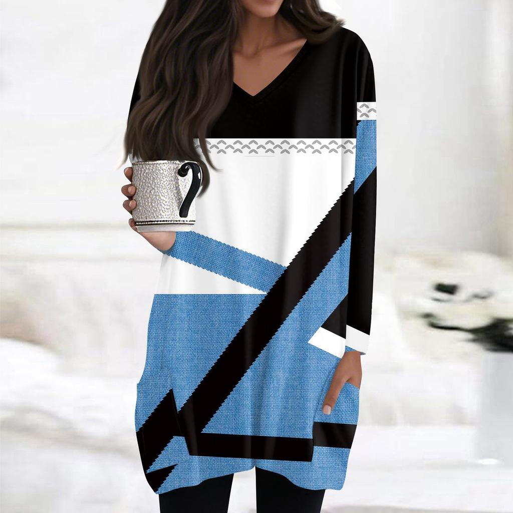 Womens Tops V-neck Long Sleeve Blouses Casual Mid-length Shirts Fashion Print Tunic Tops With Pockets