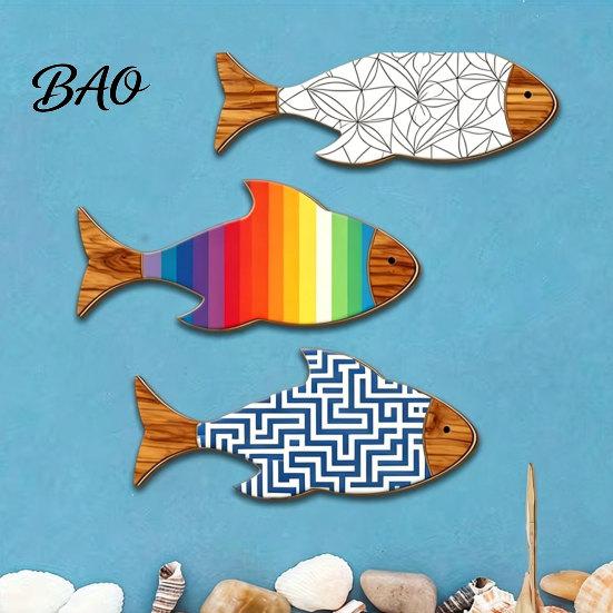 Fish Wall Decor 3Pcs/Set Wooden Coastal Art, Rustic Handcrafted Decor, Artistic Nautical Sculpture for Living Room, Beach Lake House Room
