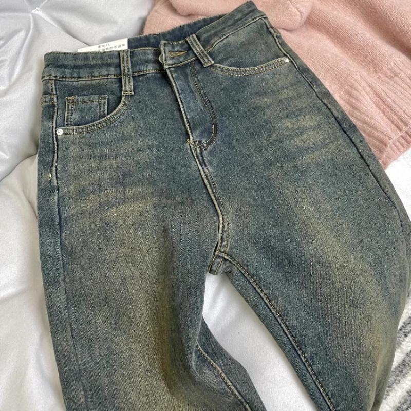 Джинсы прямого кроя на флисовой подкладке женские осенне-зимние больших размеров с высокой посадкой, широкие в бедрах, стрейч, буткат, брюки-клеш