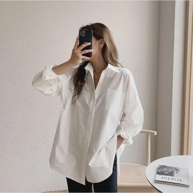 Women's White Long Sleeve Versatile Loose Fit Mid-Length Shirt, 2025 Korean Design, Spring Collection