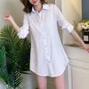 Women Shirt Lapel Long Sleeve Mid-length Style Shirt Solid Color Buttons Placket Casual Regular Fit Tops Daily Wear