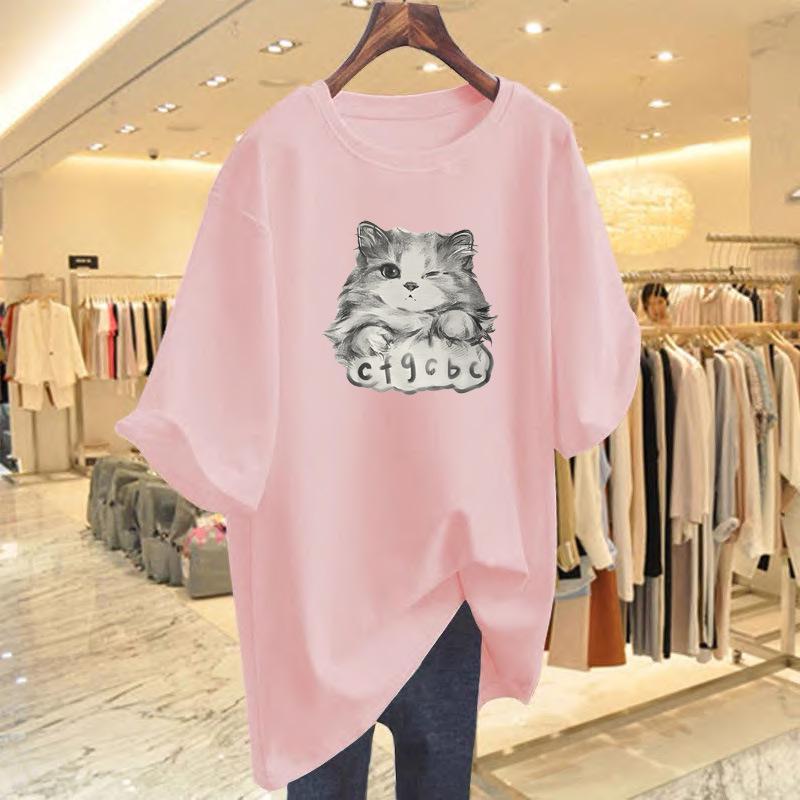 Женская летняя свободная хлопковая футболка с мультяшным принтом кота