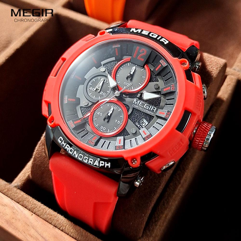 Red Watch Men Military Sport Silicone Strap Chronograph Quartz Wristwatch with Luminous Hands Date 3atm Waterproof Orange