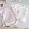 Девочки Вышитая Бантом Футболка с Коротким Рукавом Новая Летняя Детская с Круглым Вырезом Эластичный Приталенный Топ Детская Базовая Футболка из Чистого Хлопка