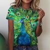 Summer Round Neck 3D Peacock Pattern Printed Top Fashionable Casual Short Sleeved Women's T-shirts