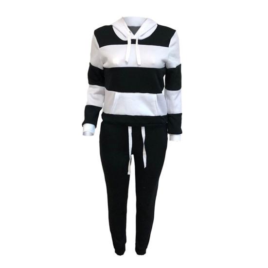 2 Pcs/Set Women Hoodie Pants Set Elastic Waist Striped Color Matching Hooded Long Sleeves Warm Drawstring Plus