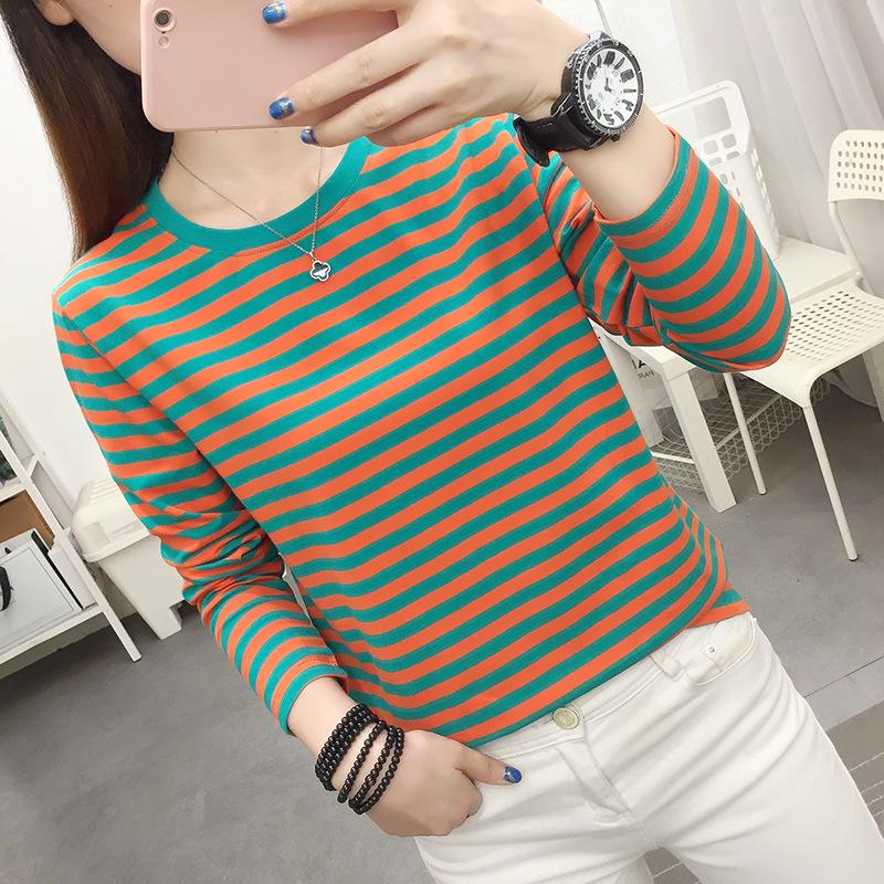 Женская полосатая футболка с длинным рукавом на весну и осень — свободный крой для мам среднего и пожилого возраста