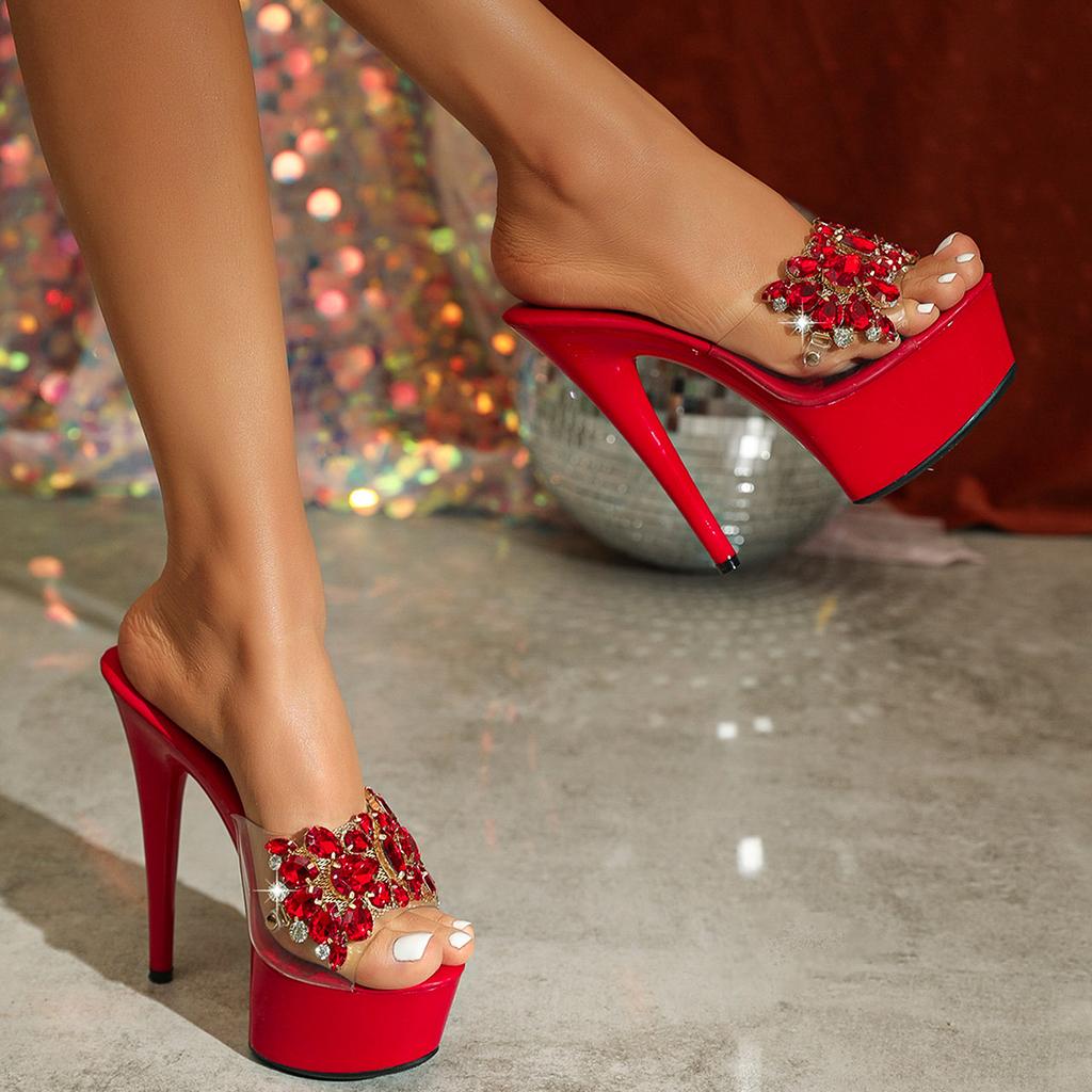 Модные тонкие туфли-босоножки на высоком каблуке 13/15 см со стразами, женские летние туфли на платформе для вечеринки, платформа из прозрачного ПВХ, туфли для платья