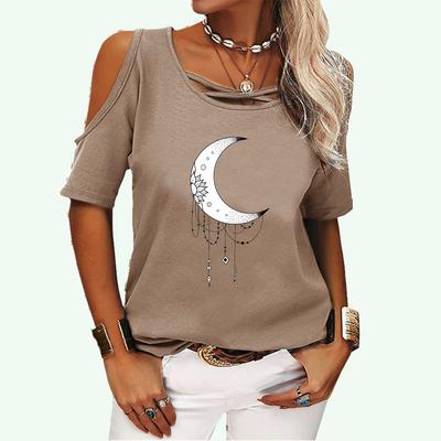 Женская футболка с короткими рукавами и открытыми плечами, женская модная футболка с принтом, летняя и осенняя повседневная футболка с круглым вырезом