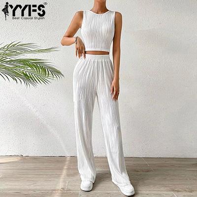 Женские модные повседневные летние весенние однотонные принтованные брюки без рукавов с круглым вырезом костюмы