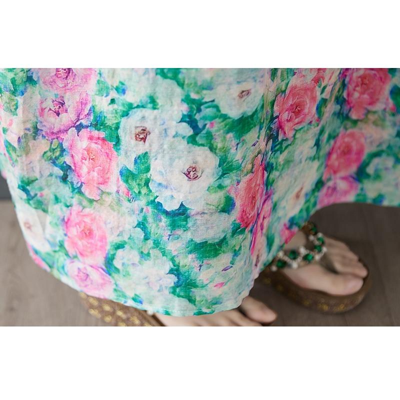 Dimanaf 2025 Женское Летнее Платье Больших Размеров Базовое Длинное Платье Винтажное Цветочное Свободное Повседневное Хлопок Льняной С V-образным Вырезом