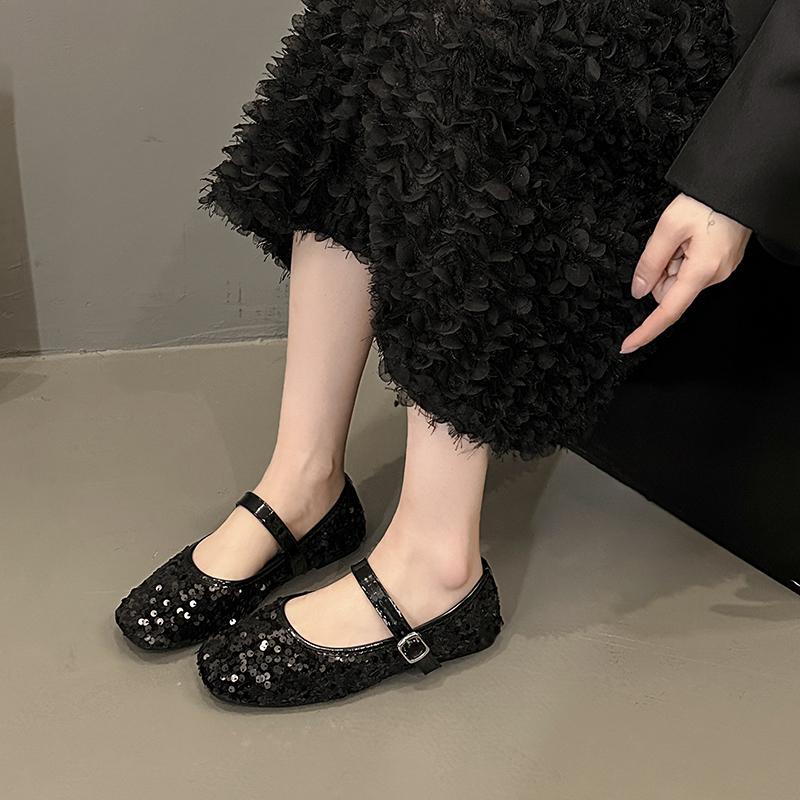 2024 New Shoes for Women Mary Janes Women's Flats Outdoor Daily Flats Women Bling Square Toe Buckle Strap Low Heel Ladies Shoes