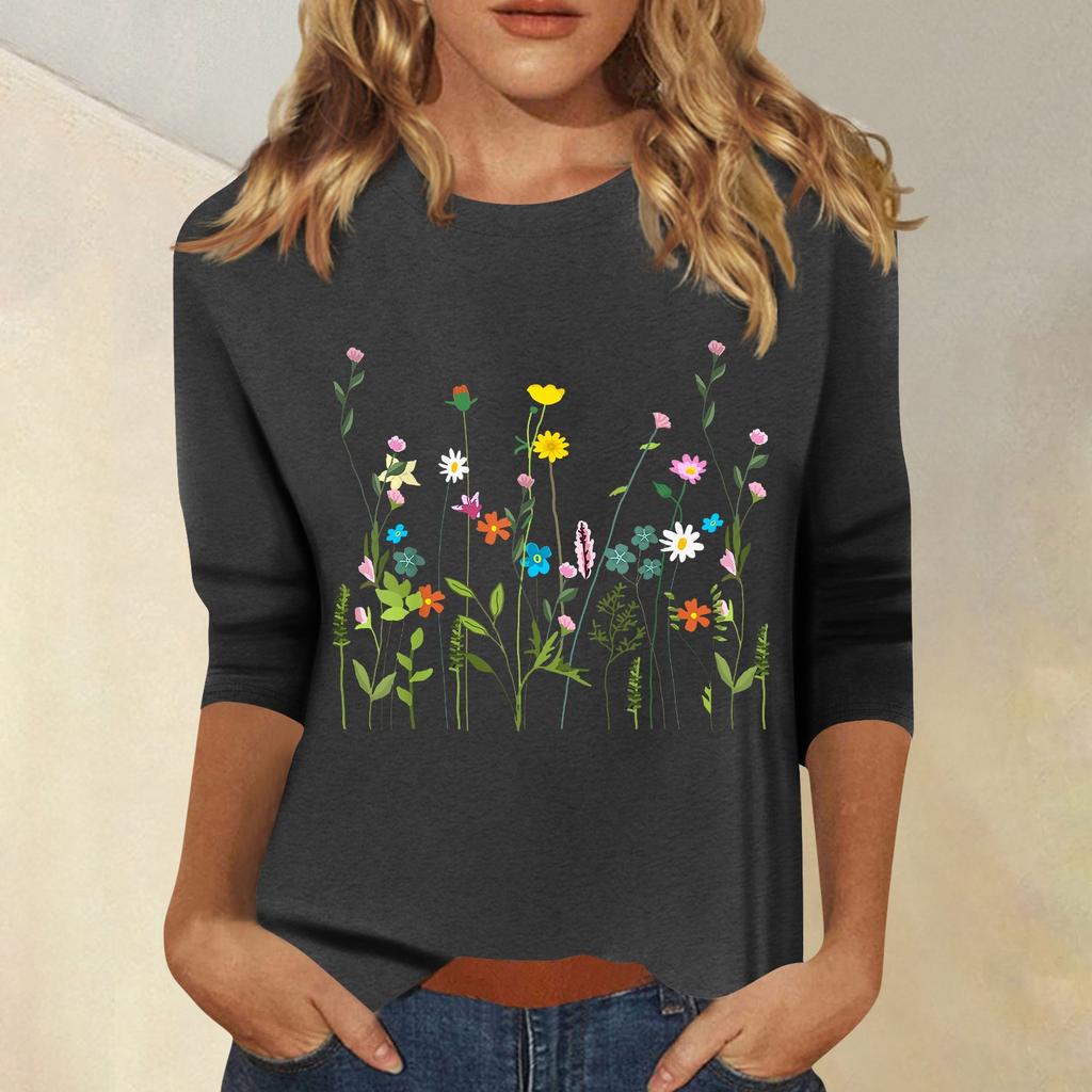 Women's Fashion Casual Printed Seven Sleeve Round Neck Top