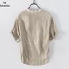 Men's Retro V-Neck Linen Stand Collar Short Sleeve T-Shirt - Plus Size, Thin & Breathable