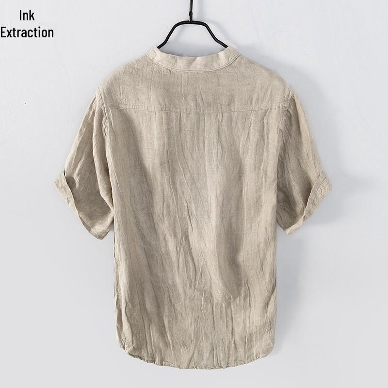 Men's Retro V-Neck Linen Stand Collar Short Sleeve T-Shirt - Plus Size, Thin & Breathable