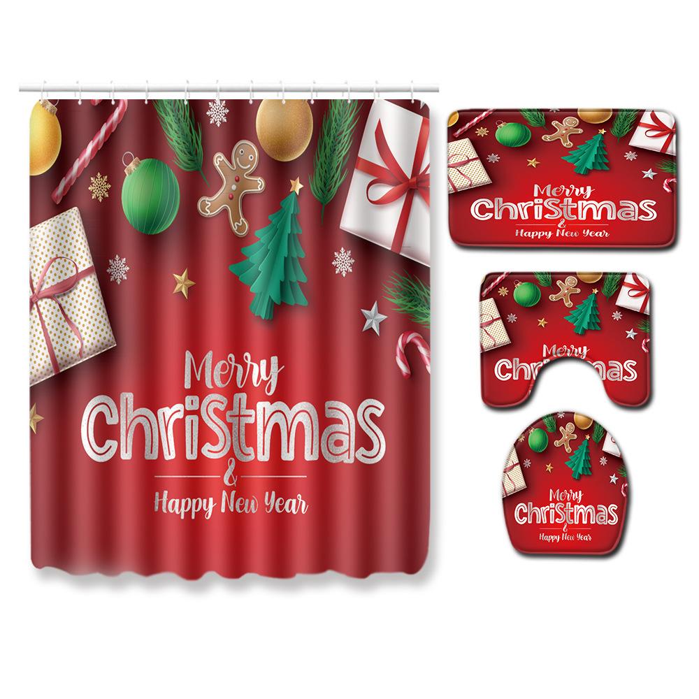 Christmas Shower Curtain Floor Mat Combination Four-Piece Set Bathroom Toilet Carpet Shower Room Mat Foot Mat