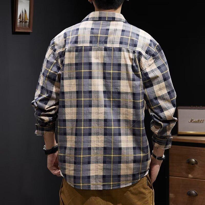 Мужская рубашка с лацканами в стиле ретро, осенняя, мужская универсальная клетчатая куртка с длинными рукавами