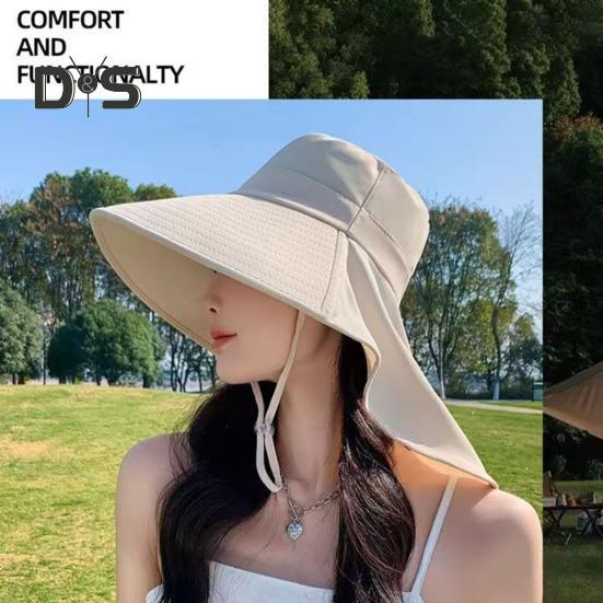 Women Sun Hat Large Brim Sun-Blocking Design Breathable UV Protection Hat Solid Color Adjustable Drawstring Outdoor Tea Hat