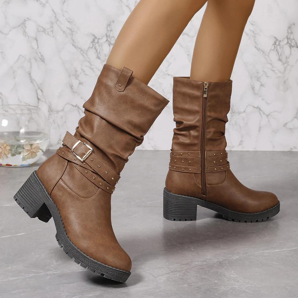 Мода 2025 Новые Осенние Женские Короткие Ботинки Толстая Подошва Нескользящая Уличная Обувь для Путешествий для Женщин Украшенные Пряжками-Ремнями Ковбойские Ботинки Женские