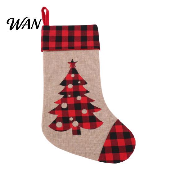 Decorative Xmas Socks Christmas Stocking with Snowman Bird Tree Reindeer, Red Black Plaid Fabric Burlap Decoration, Fireplace Hanging Holiday Gift Bag