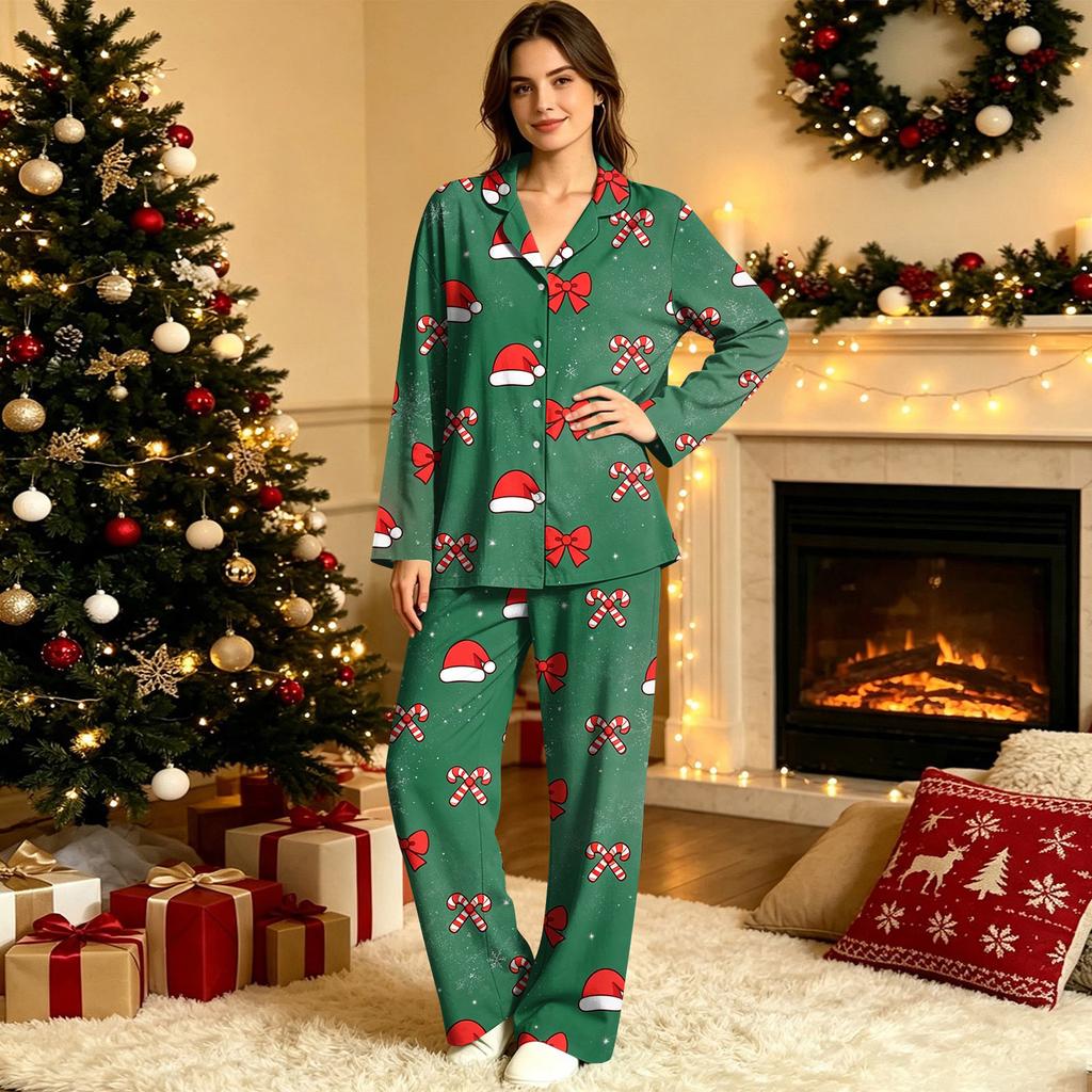 Женский пижамный комплект из 2 предметов, с длинным рукавом, мягкая, рождественская, праздничная рубашка и брюки