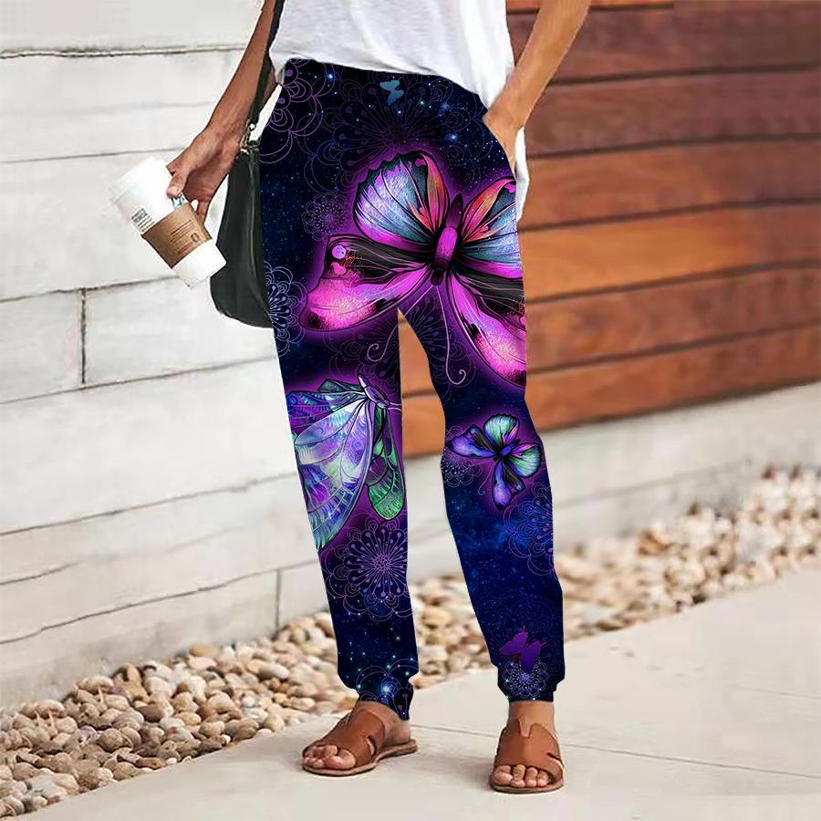 Women Retro Printing Pants Lace Up Elastic Waist Loose Trousers Casual Long Pants Trousers with Pockets