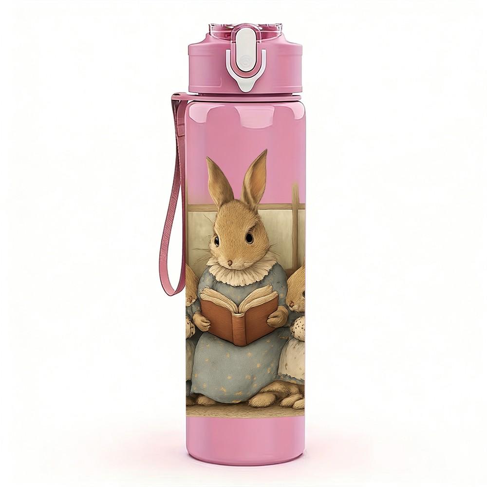 1PC Rabbit Family Book Scene Print 750ml Color Plastic Sports Water Bottle Leakproof Flip Straw Lid Suitable for Sports Office Home Use
