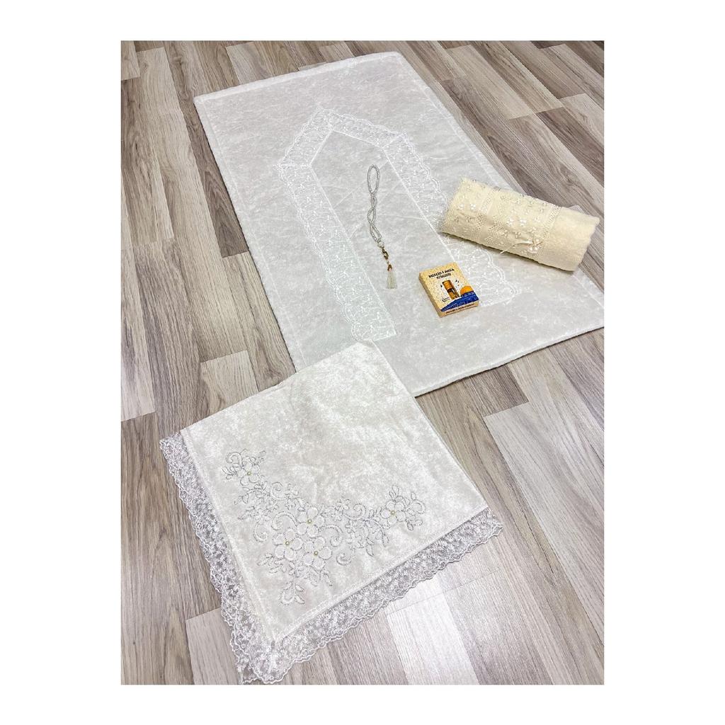 5 Piece Prayer Mat Set, Dowry Bundle Boxed, Velvet Laced Bride And Groom Set