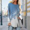 Plus Size Women Autumn Blue Diagonal Rose Printed Comfy Long Sleeve Round Collar T-shirt Casual Baggy Mid Length Tee Tops