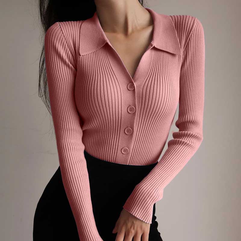 2025 POLO Neck свитера женские весна осень праймер рубашка длинный рукав короткий отложной воротник полые пуговицы трикотажные топы сплошной один размер