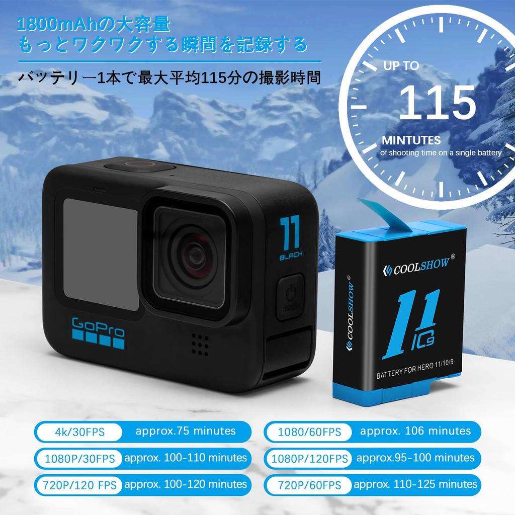 Набор аккумуляторов COOLSHOW для GoPro Hero 12/Hero 11 (3 сменные батареи) с зарядным устройством Triple Hero 12/11/10/9 и ящиком для хранения аккумуляторов с разъемом Type-C