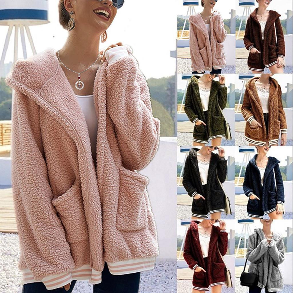 Women's And Winter Loose Solid Color Stitching Long-Sleeved Pockets Plush Hooded Cardigan Coat