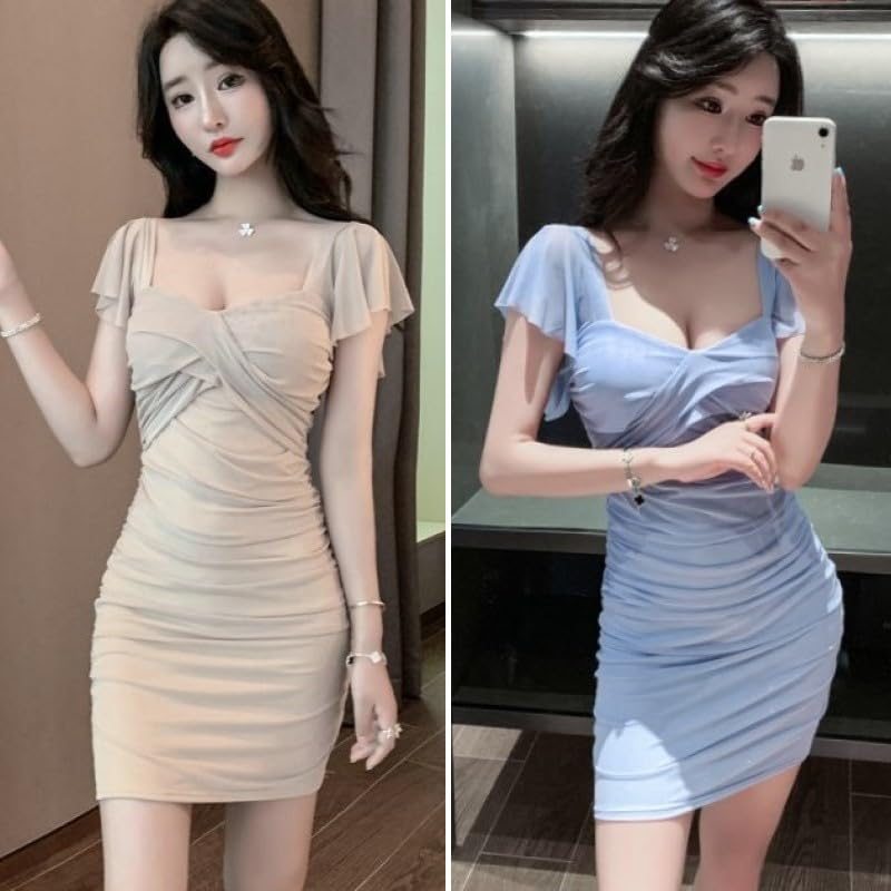 ISLAYCAOLILA E70 Luna Dress Cabaret Mini Club Party Tight Mini Flare Gathered Women's (XL, Black) - Dress, Dress, Dress, Dress, Dress, See-through,