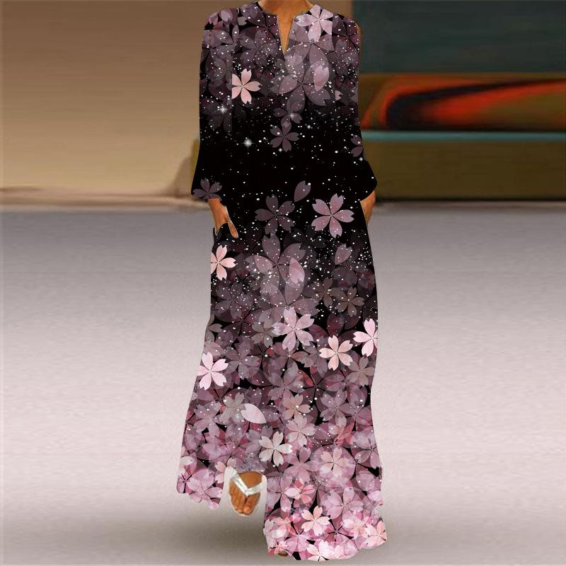Женская мода Макси-платья с графическим принтом и V-образным вырезом с длинным рукавом Свободное платье длиной до пола Повседневное длинное платье с карманом