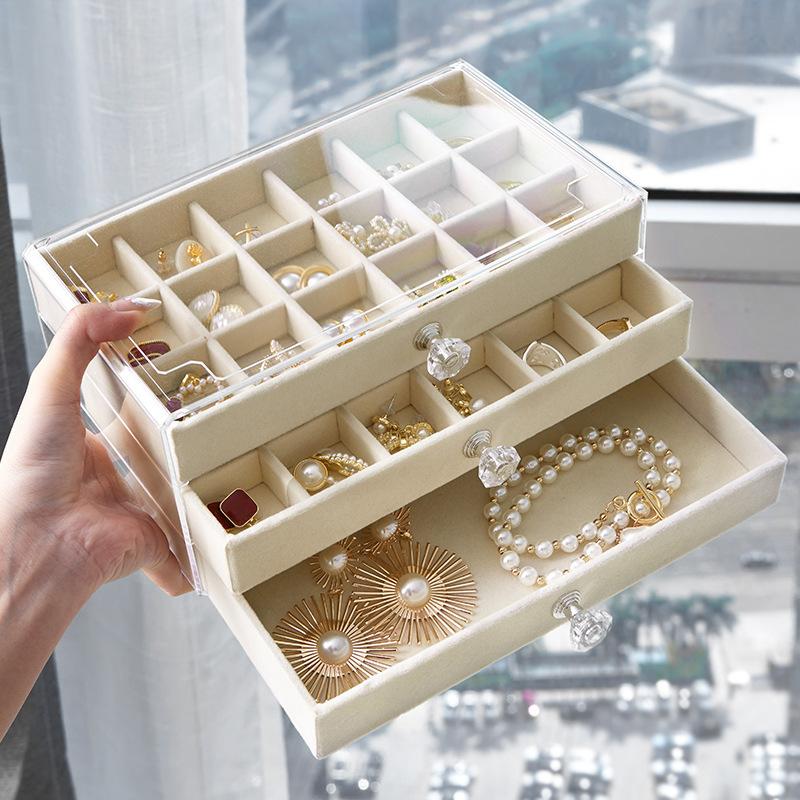Three-layer Flannel Jewelry Storage Box, Earrings, Earrings, Storage Box, Jewelry Dust-proof Drawer Jewelry Box Storage