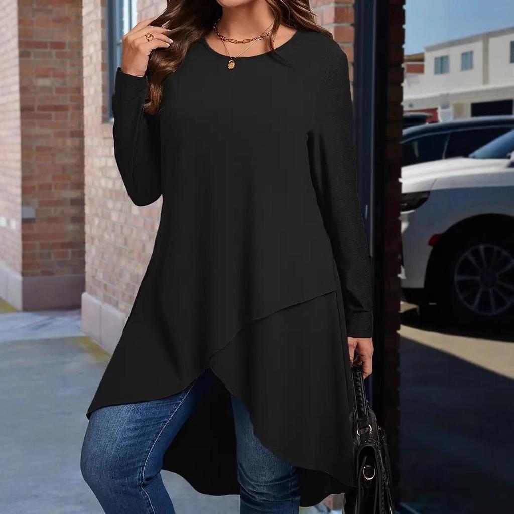 Plus Size Asymmetrical Hem Loose Long Sleeve Top (European & American Style, 2025)
