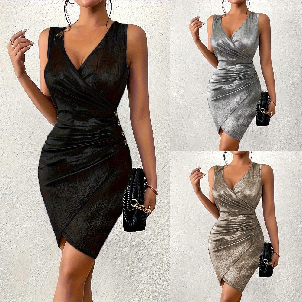 Foreign trade new sexy hip wrap fashion V-neck casual color matching button solid color metal pleated tight dress