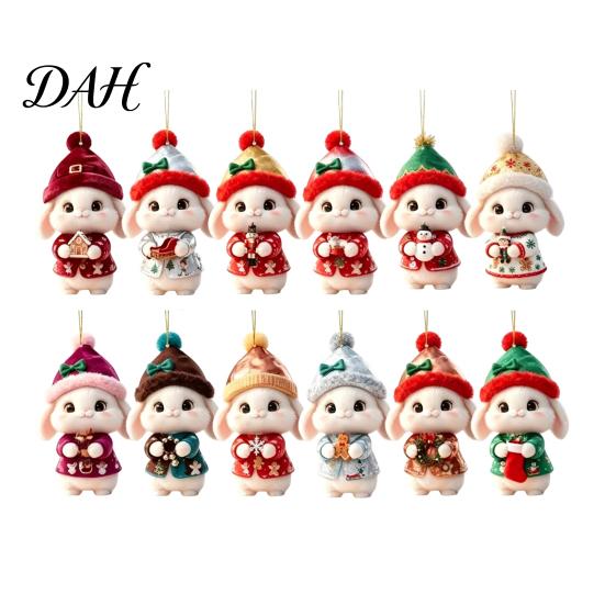 Reusable Wooden Christmas Ornaments Bunny Ornament, 2D Flat Rabbit Hanging Decor with Santa Winter Holiday Home Accents Hat, Tree Pendant for