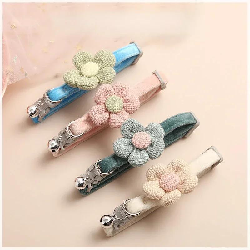 Adjustable Cat Collar with Cute Plush Flower and Bell Soft Kitten Necklace for Small Dogs Pet Accessories