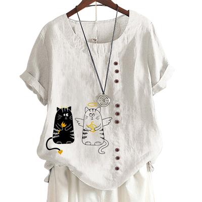 Женская повседневная футболка из льна и хлопка с 6 уникальными рисунками животных, круглым вырезом, короткими рукавами, S-5XL